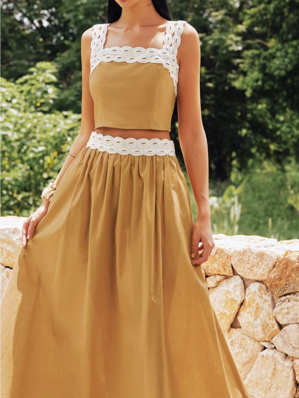Commense Contrast Trim Cotton Linen Top & Skirt Set Size Large NWT - Picture 3 of 8